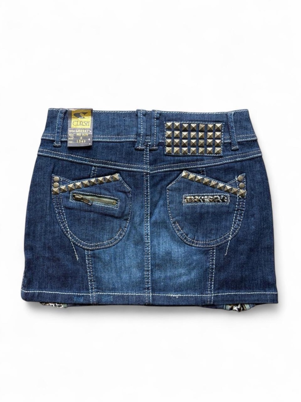Vintage Y2K studded denim mini skirt zipper rhinestone S like diesel miss sixty - Picture 3 of 11
